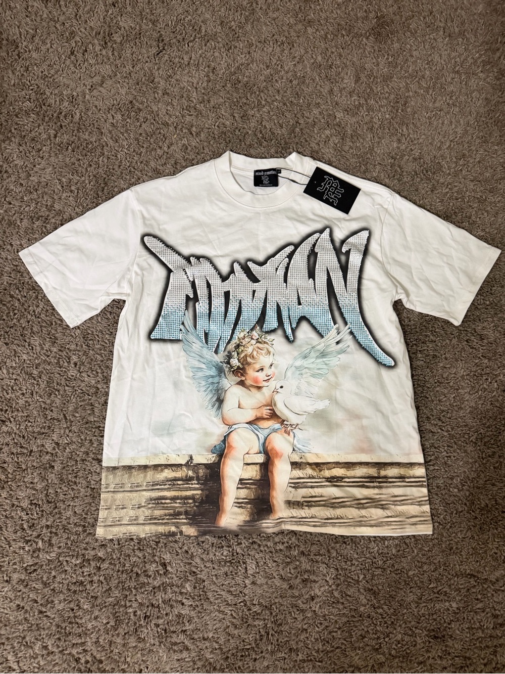 Mixed Emotion rhinestone tee with angelic graphic and doves